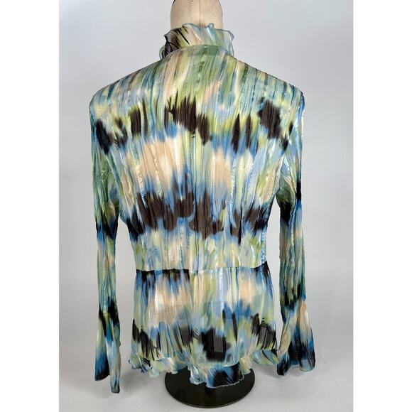 Y2k Coquette LARGE Sheer Ruffle Blouse Blue Long Sleeve Tie Front Crepe Fairy - Picture 4 of 8